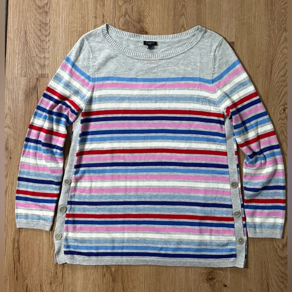 NWT Talbots‎ Multi Stripe  Gray Side Button Long Sleeve Sweater Size Petite L